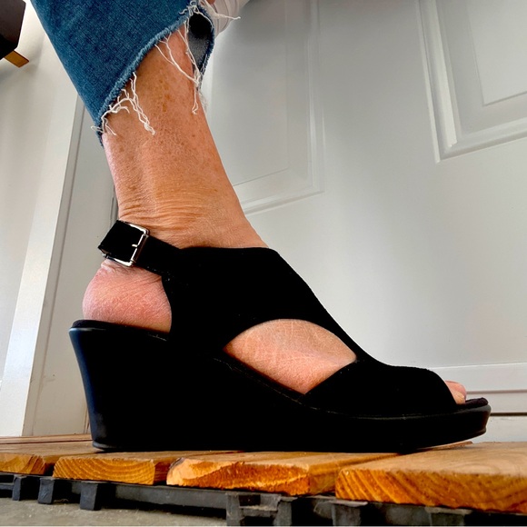 browns Shoes - BROWNS Black Wedge Sandal with Ankle Strap
